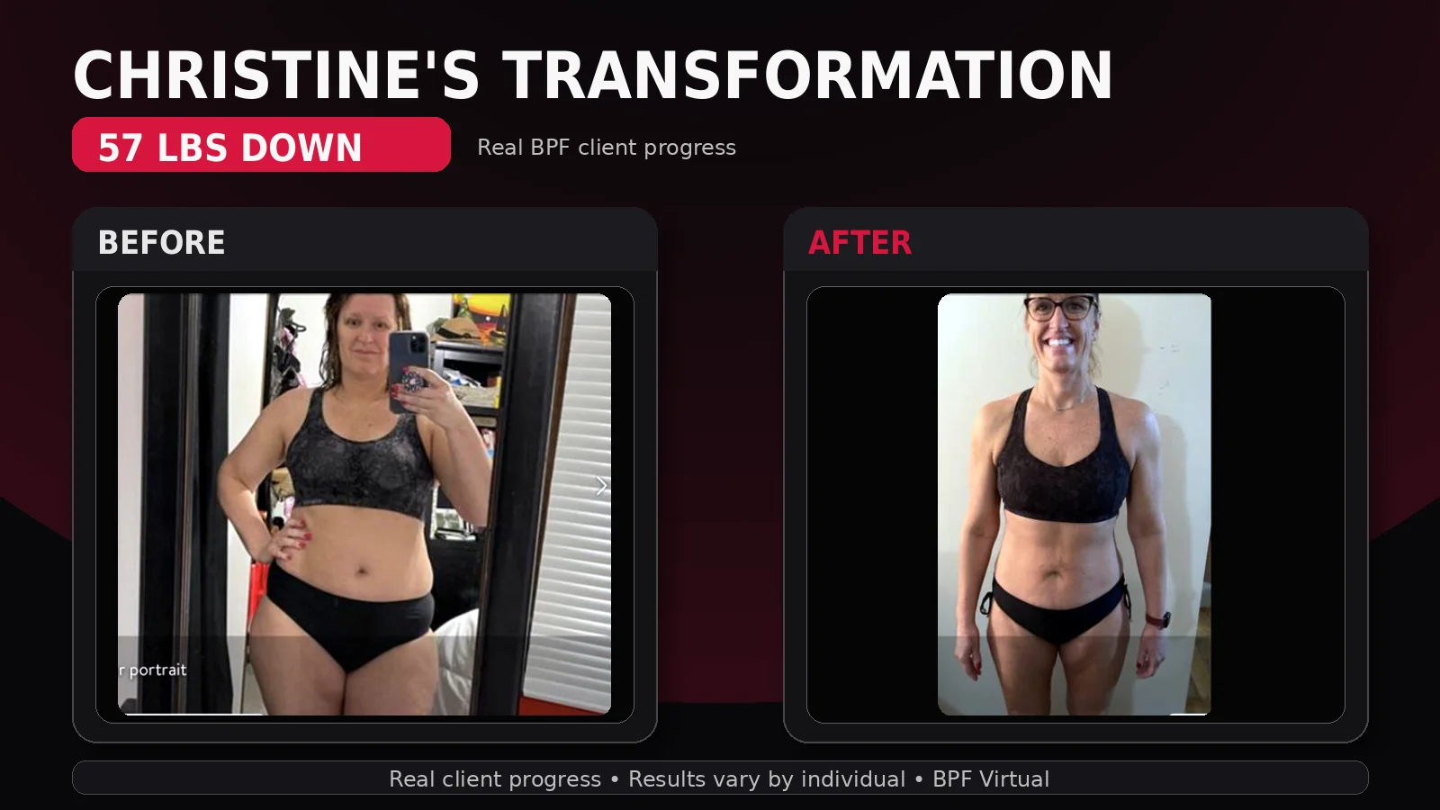Christine BPF Virtual before and after transformation, 57 pounds down